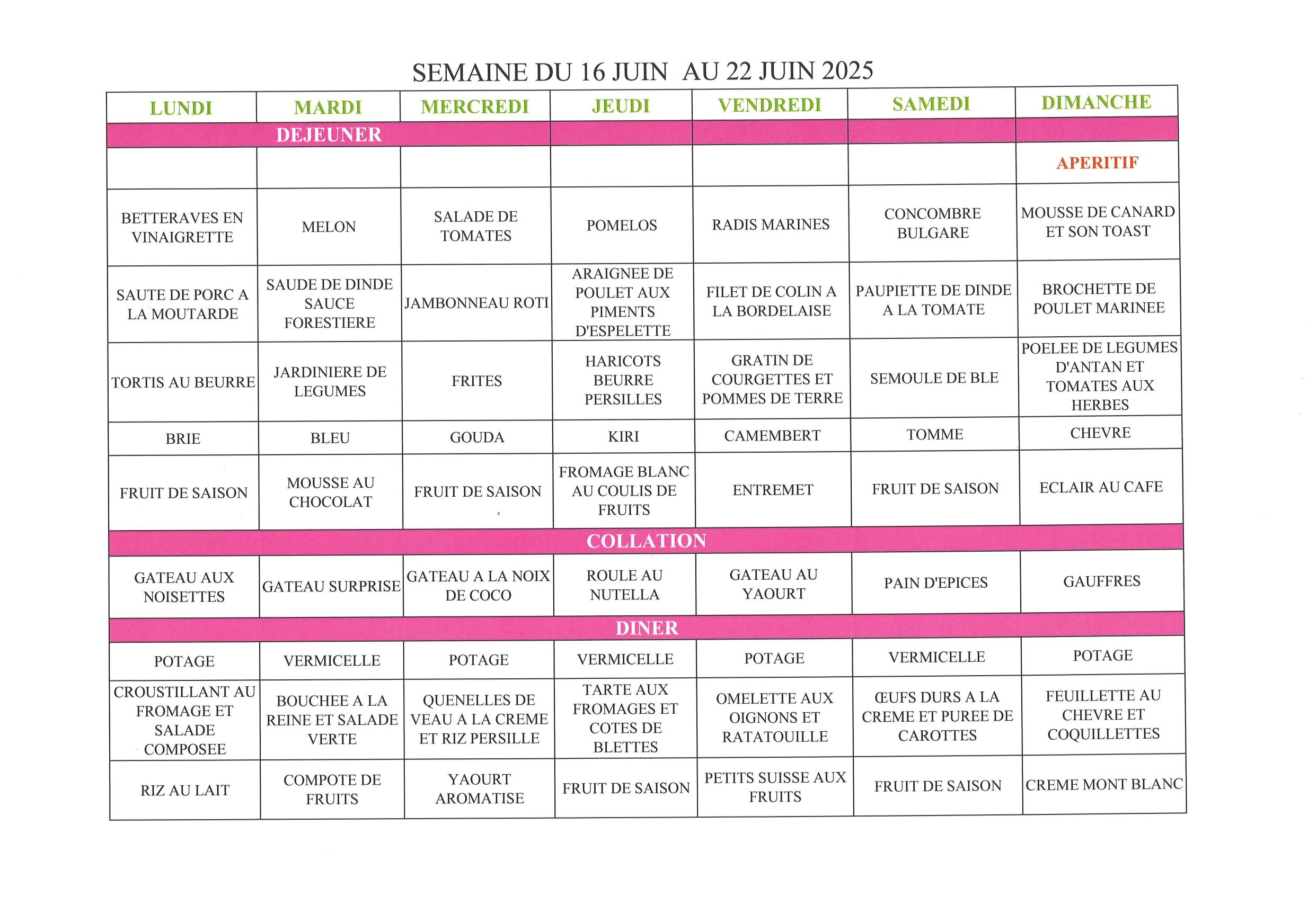 MENU SEMAINE 24